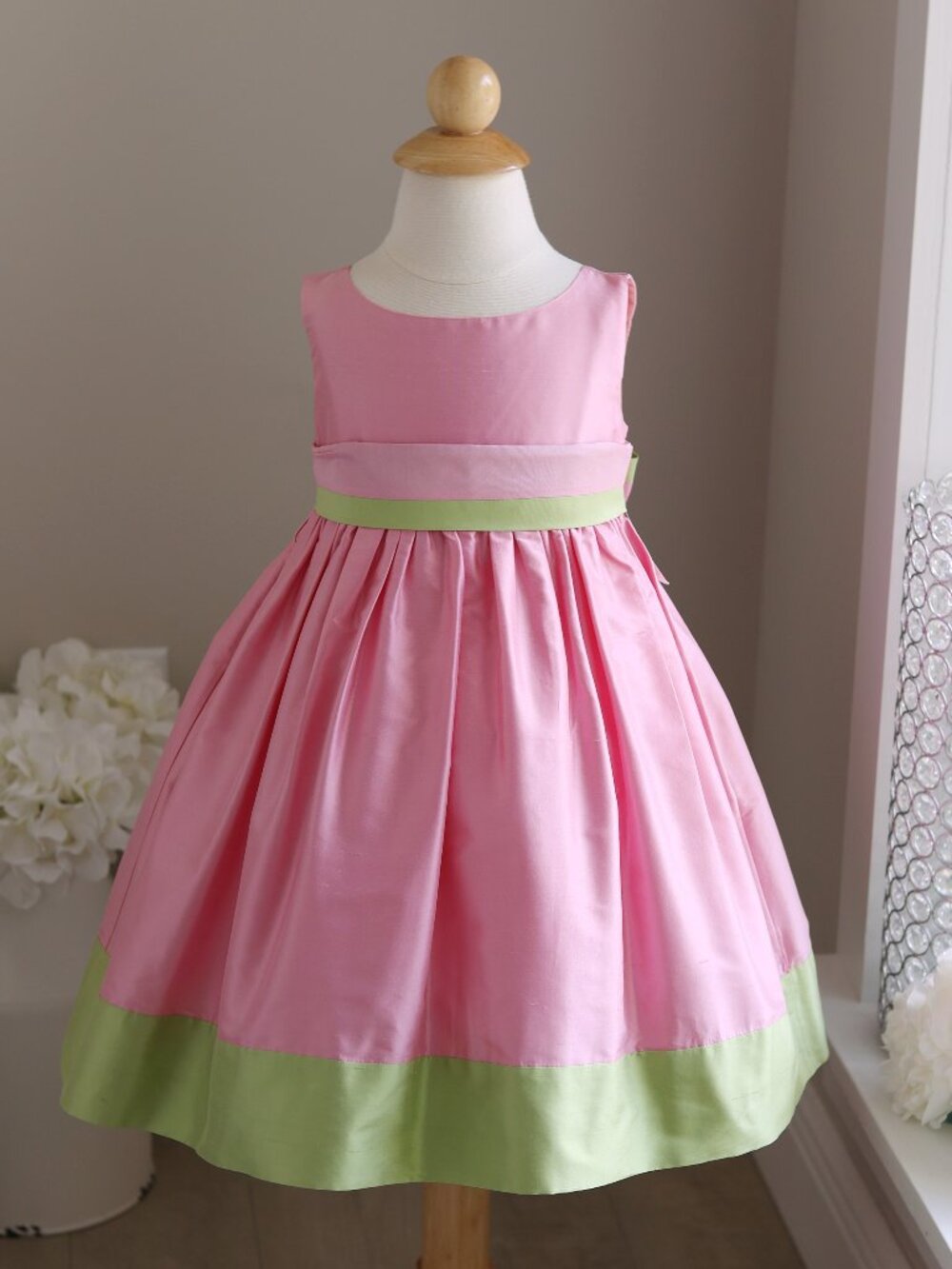 Pink Silk Dress Strasburg Chartreuse Green Flower Girl Special Occasion 18/24M